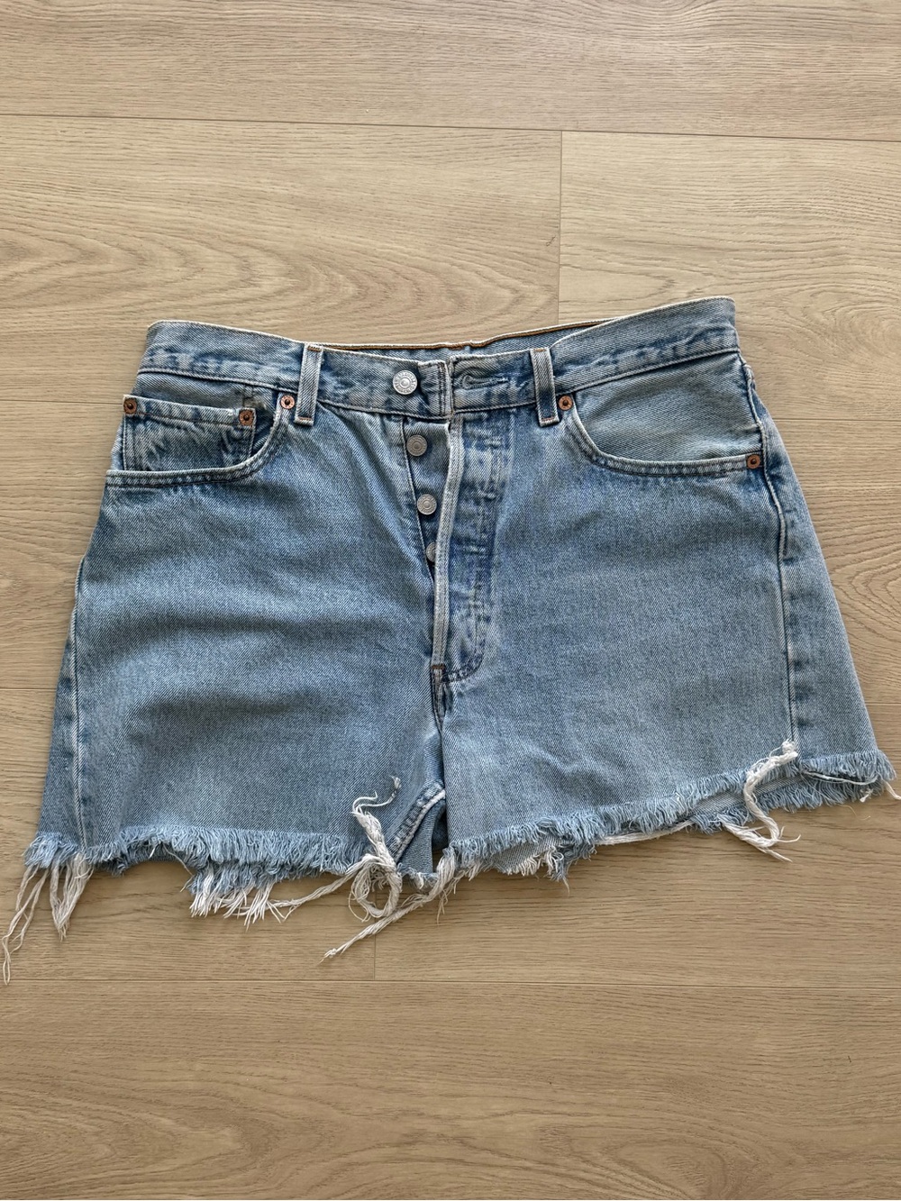 Reformation Light Blue High-Rise Frayed Hem Denim Shorts